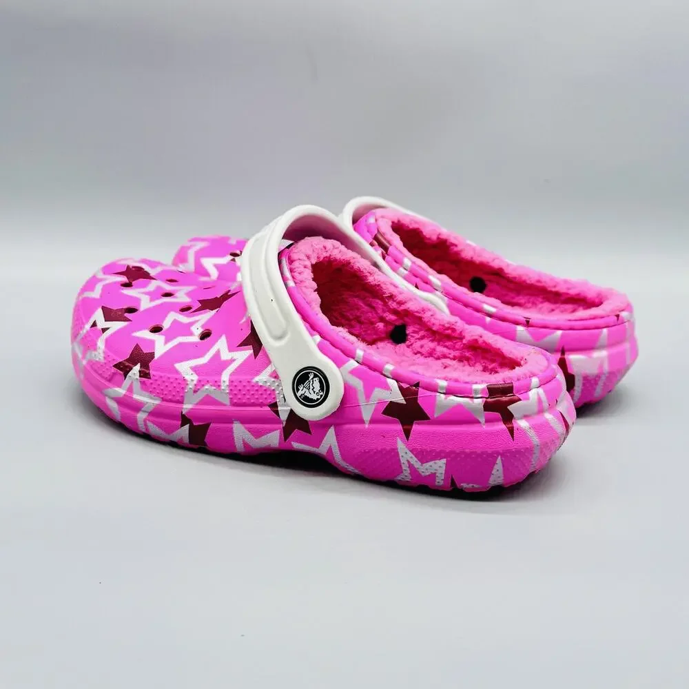 Crocs Shoes Girls 3 Pink Star Classic Lined Fuzzy Clog Slip On Winter Comfort